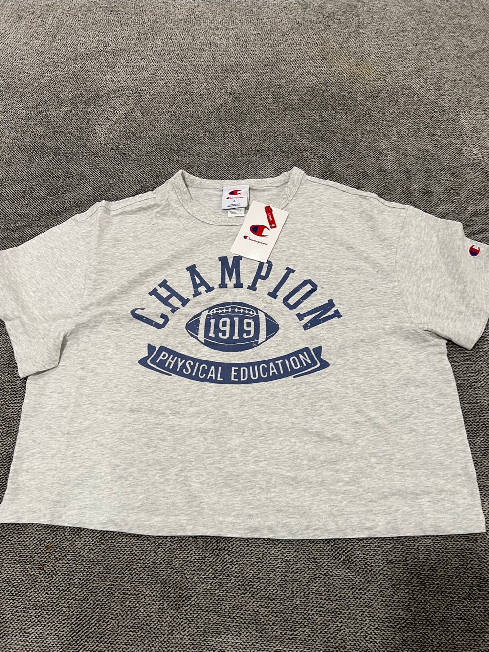 Champion Gray Tee with Blue 'Physical Education' Graphic